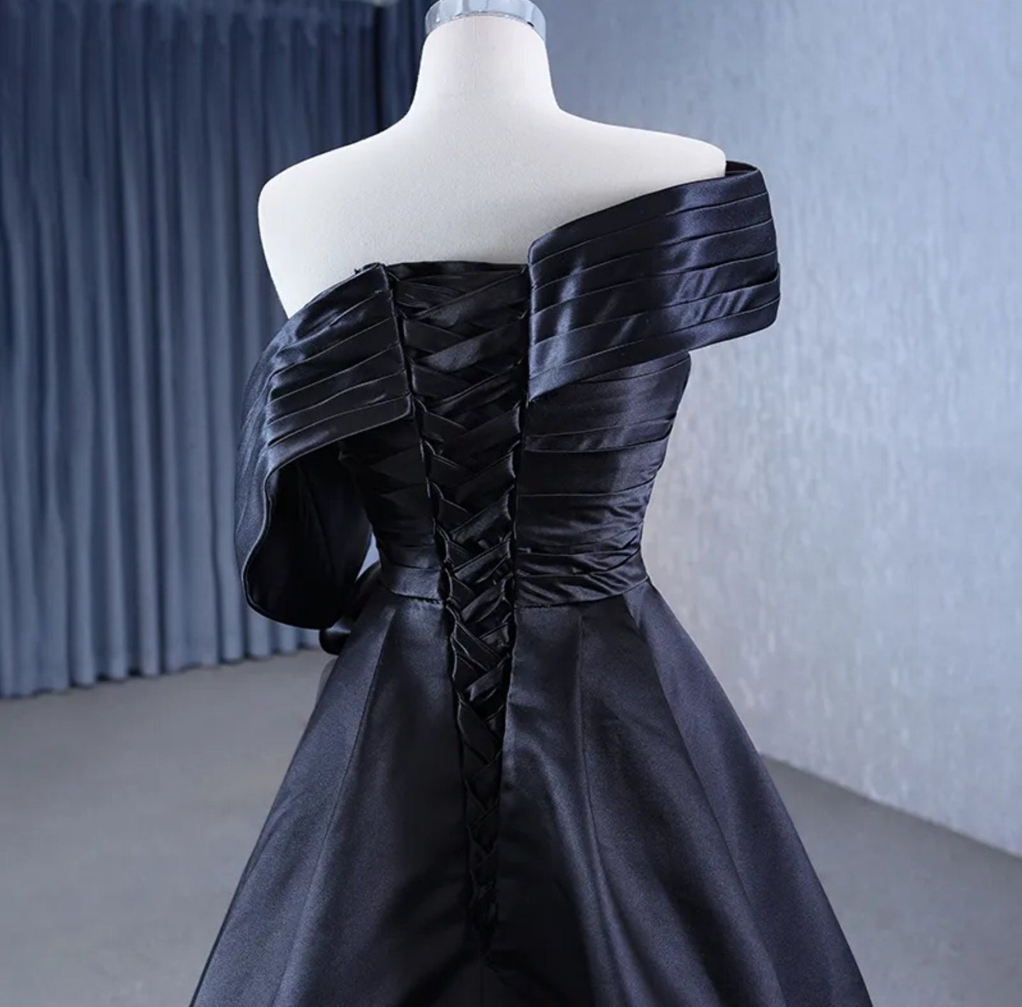 Pleated And Layered Ruffled Ruched Elegant Satin Laced Up Back Sheath Gown With Train