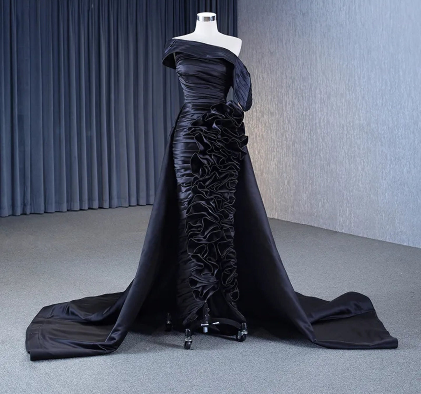 Pleated And Layered Ruffled Ruched Elegant Satin Laced Up Back Sheath Gown With Train