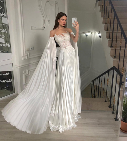 Detached Pleated Bicep Floor Length Trailing Satin Sleeves