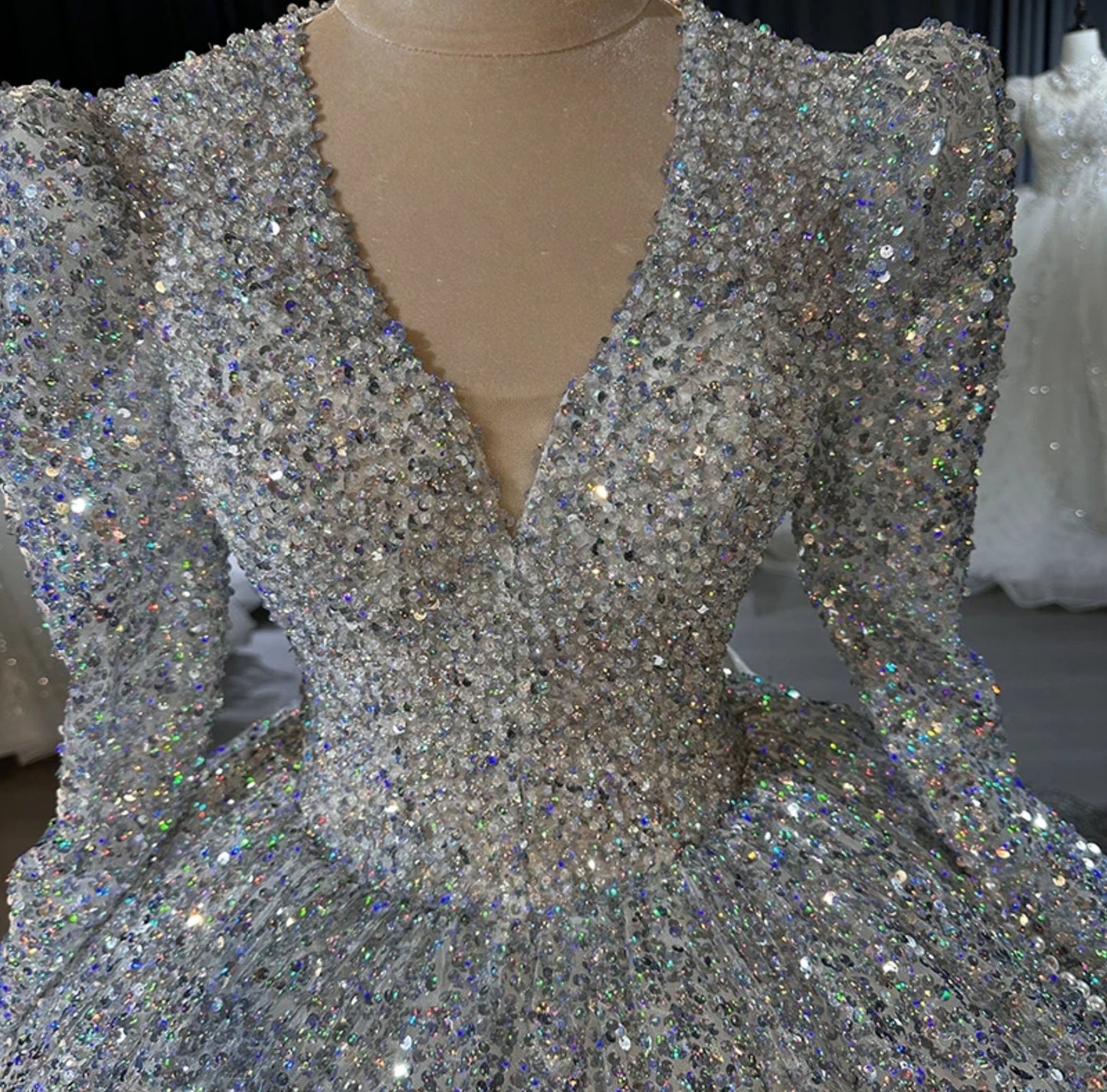 Sparkling Full Sequinned Glittering Long Sleeve Plunging Neckline A-Line Princess Bride Quinceañera Gown With Open O Back Lace Up Enclosure