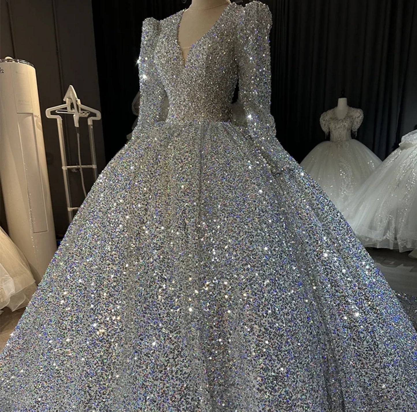 Sparkling Full Sequinned Glittering Long Sleeve Plunging Neckline A-Line Princess Bride Quinceañera Gown With Open O Back Lace Up Enclosure