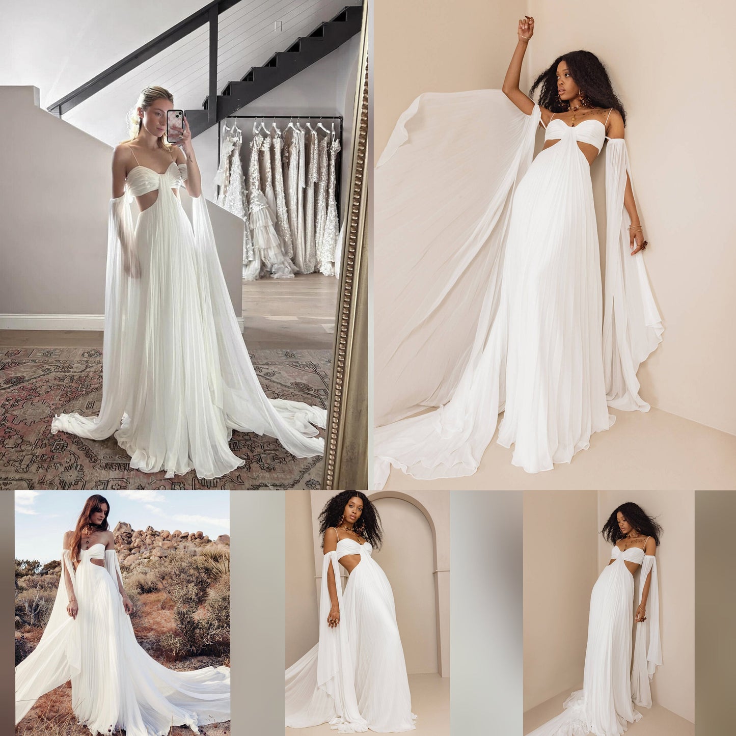 Sleeveless Spaghetti Strap Sweetheart Wrinkled Chiffon Boho Beach Side Cutout Bridal Gown With Detachable Sleeves