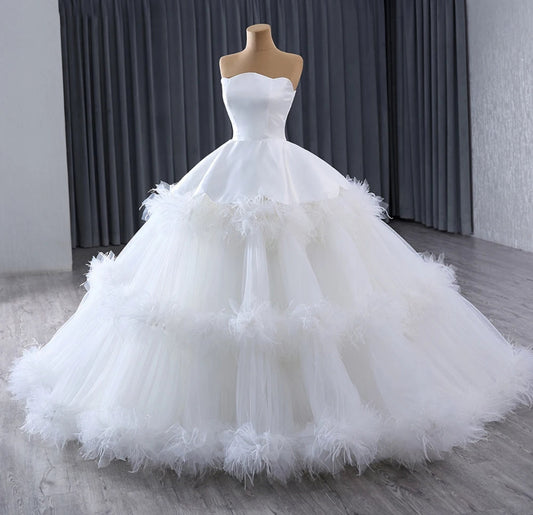 Beautiful Satin Corset Style Scalloped Boat Neck Layered A-Line Bridal Princess Ball Gown