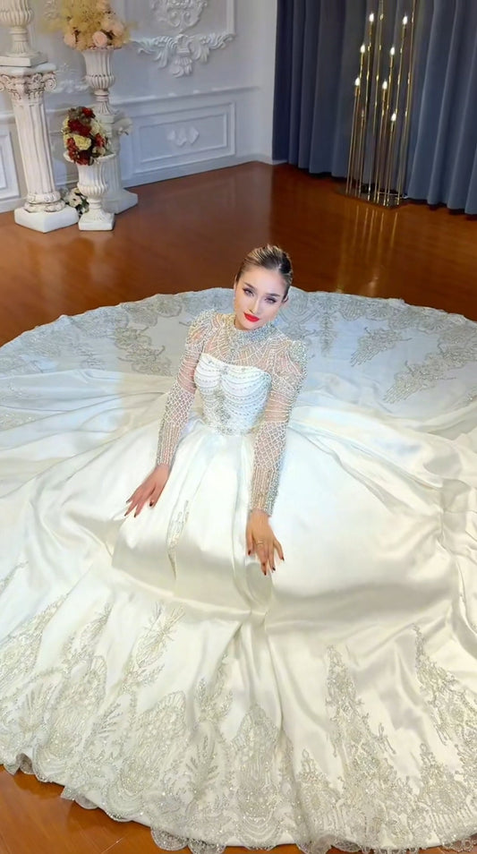 Beautiful Elegant Luxury Multi Beaded Long Sleeve Mid Neck Princess Bridal Ball Gown