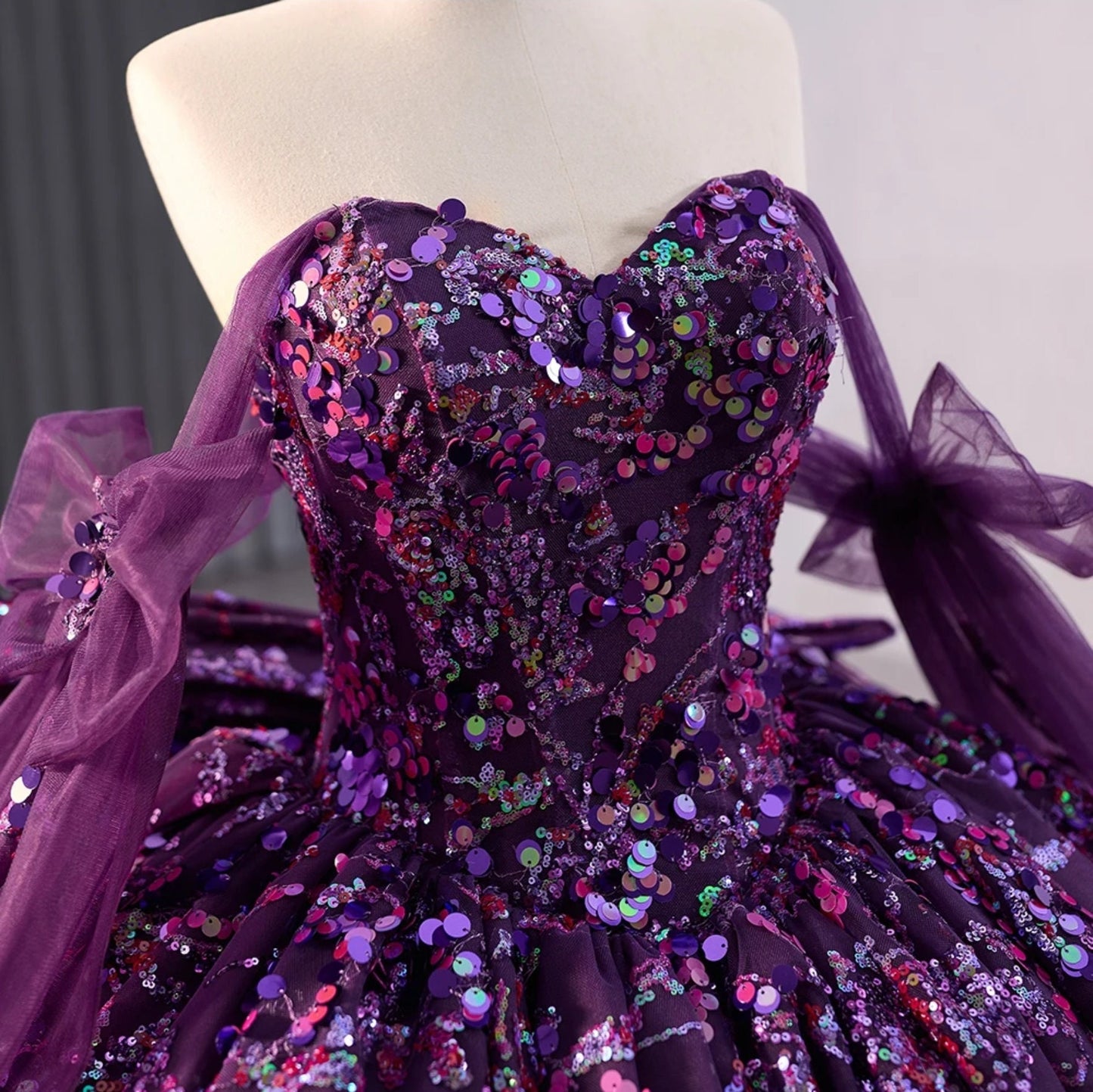 Confetti Sequin Sweetheart Off The Shoulder Bow Knot Dreaming In Purple Quinceañera, Special Occasion, Pageant, Bat Mitzvah Ball Gown