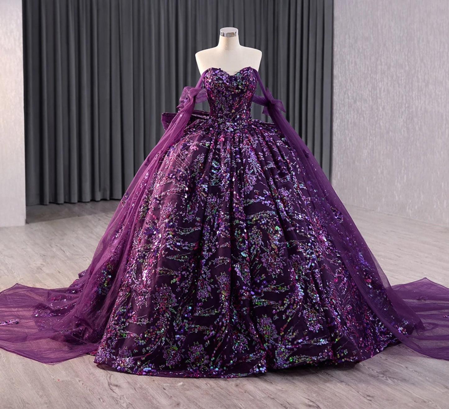 Confetti Sequin Sweetheart Off The Shoulder Bow Knot Dreaming In Purple Quinceañera, Special Occasion, Pageant, Bat Mitzvah Ball Gown