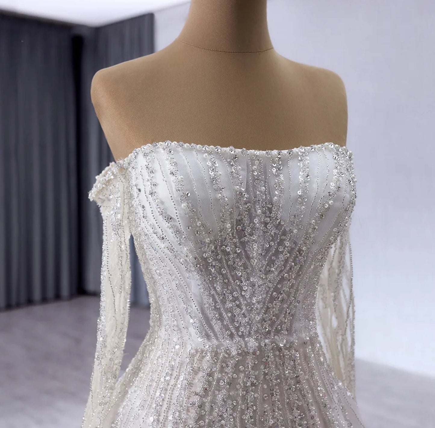 Sequin Multi Beaded 3/4 Off The Shoulder Sweetheart 2024 A-Line Bridal Gown With Detached Multi Beaded Bow Knot Bolero