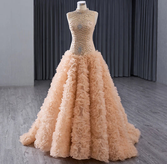 Sleeveless Illusion Mid Neck Multi Crystal Beaded High Waist Frill A-Line Special Occasion, Mother Of The Bride, Event, Gala Gown