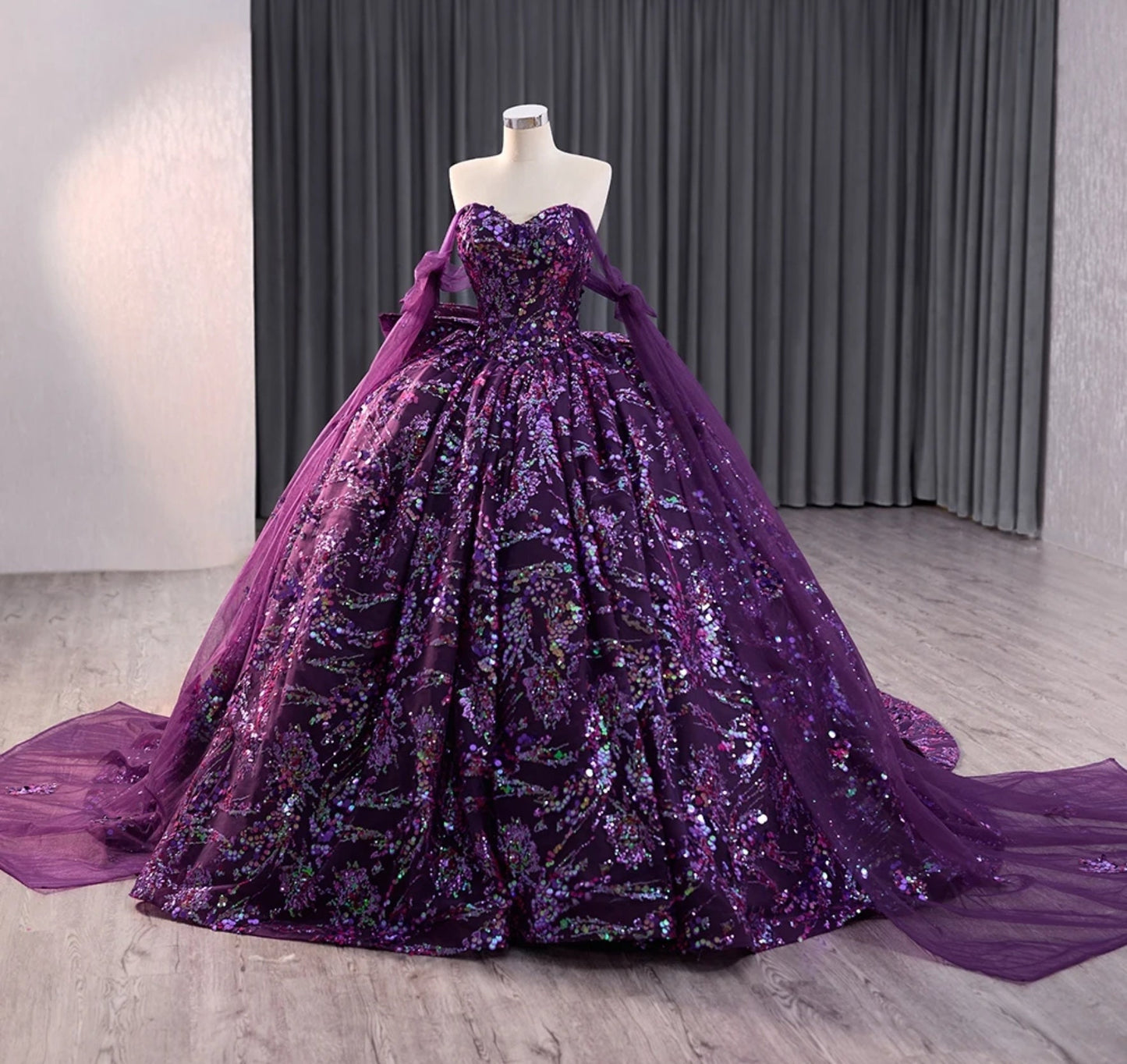 Confetti Sequin Sweetheart Off The Shoulder Bow Knot Dreaming In Purple Quinceañera, Special Occasion, Pageant, Bat Mitzvah Ball Gown