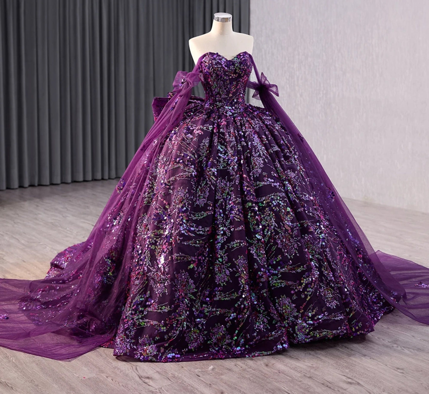 Confetti Sequin Sweetheart Off The Shoulder Bow Knot Dreaming In Purple Quinceañera, Special Occasion, Pageant, Bat Mitzvah Ball Gown