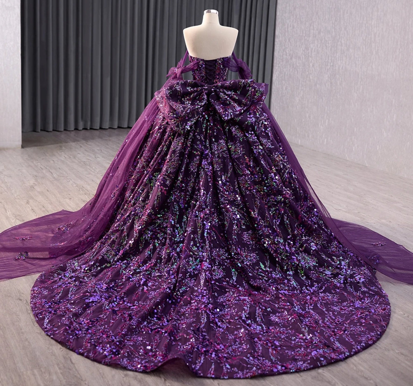 Confetti Sequin Sweetheart Off The Shoulder Bow Knot Dreaming In Purple Quinceañera, Special Occasion, Pageant, Bat Mitzvah Ball Gown