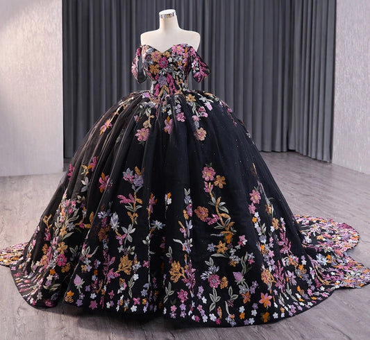 Floral Sequin Appliqué Off The Shoulder Sweetheart Shimmering A-Line Quinceañera, Special Occasion, Event, Pageant Ball Gown