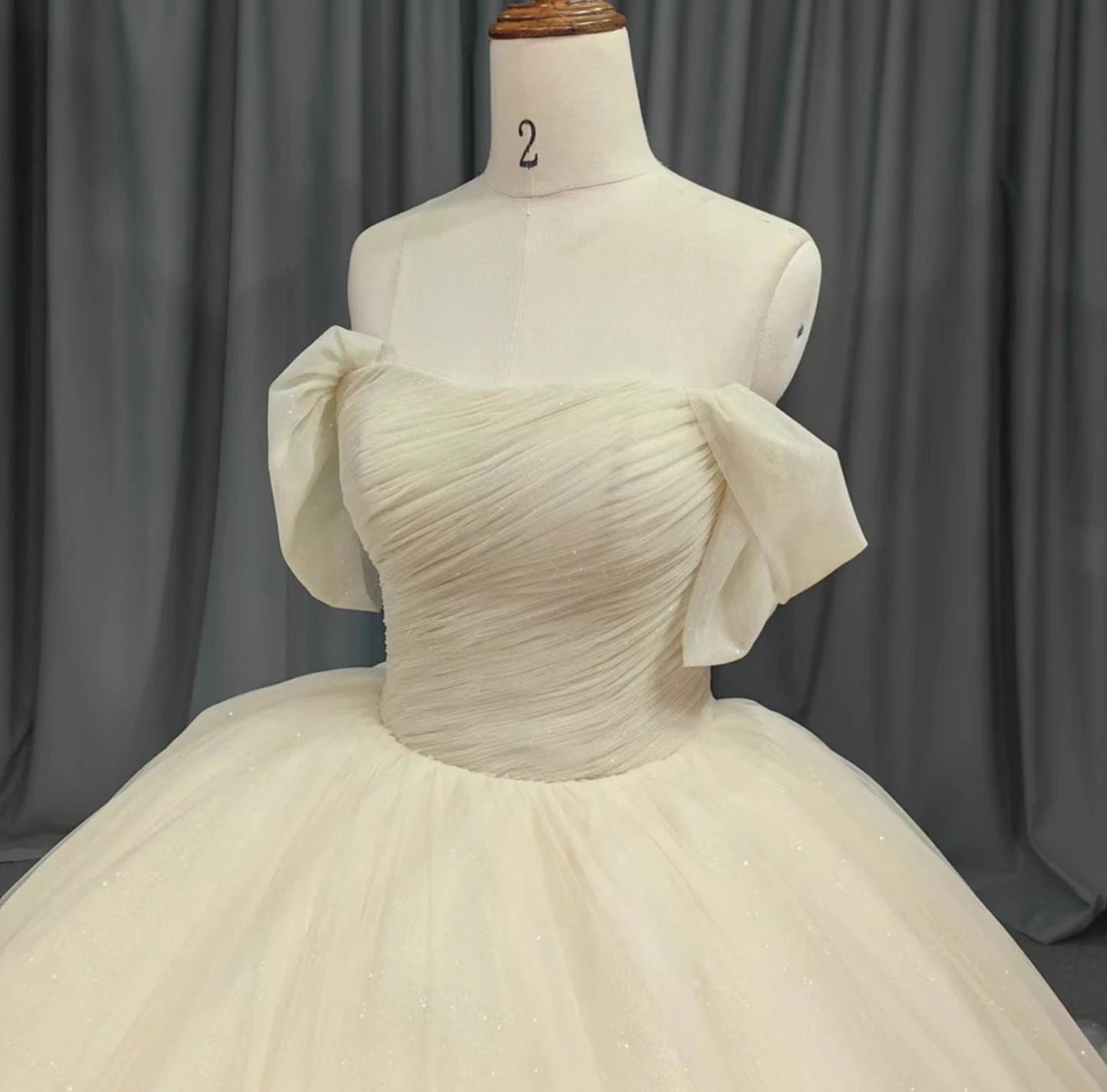 Shimmering Neutral Tone Off The Shoulder Pleated Organza Quinceañera, Special Occasion, Bat Mitzvah, Sweet 16, Event, Gala Ball Gown