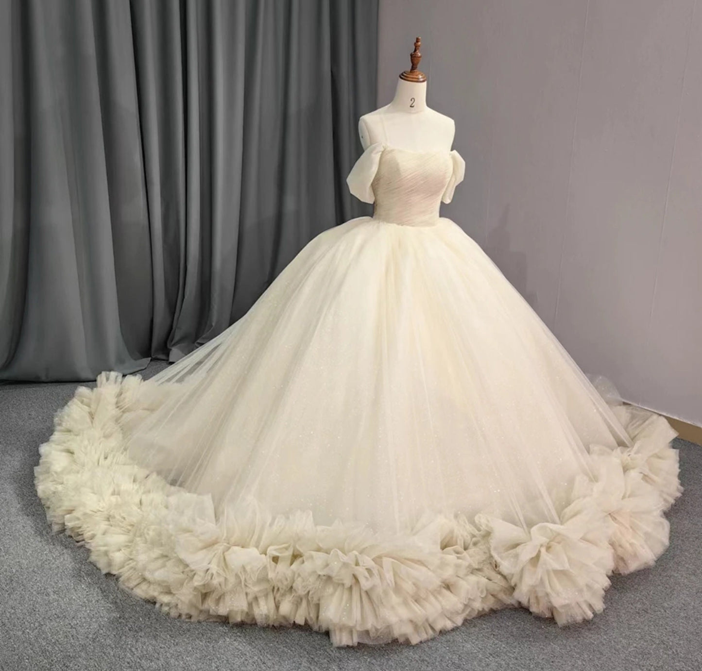 Shimmering Neutral Tone Off The Shoulder Pleated Organza Quinceañera, Special Occasion, Bat Mitzvah, Sweet 16, Event, Gala Ball Gown