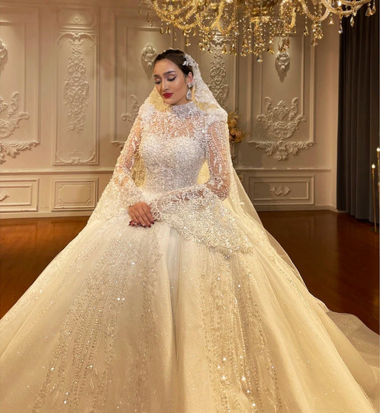 Modest Mid Neck Dubai Luxury Beaded Lace Long Flare Sleeve A-Line Shimmering Princess Bride 2024 Ball Gown