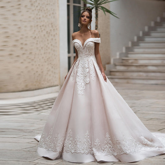 Sweetheart Off The Shoulder Embroidered Scroll Fleur De Lis Lace Wedding Gown