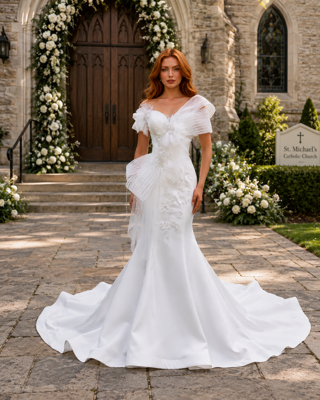 Georgina- Beautiful Off The Shoulder Multi Beaded Sweetheart Satin Trumpet Gown With Pleated Bow Detail