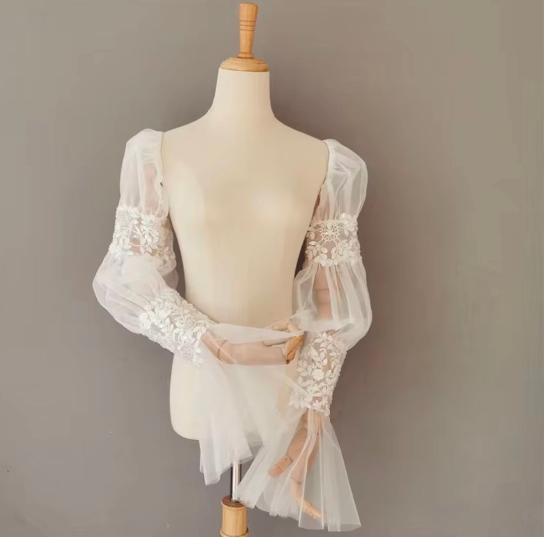 Detached Floral Sequinned Lace Over The Hand Bishop Sleeves