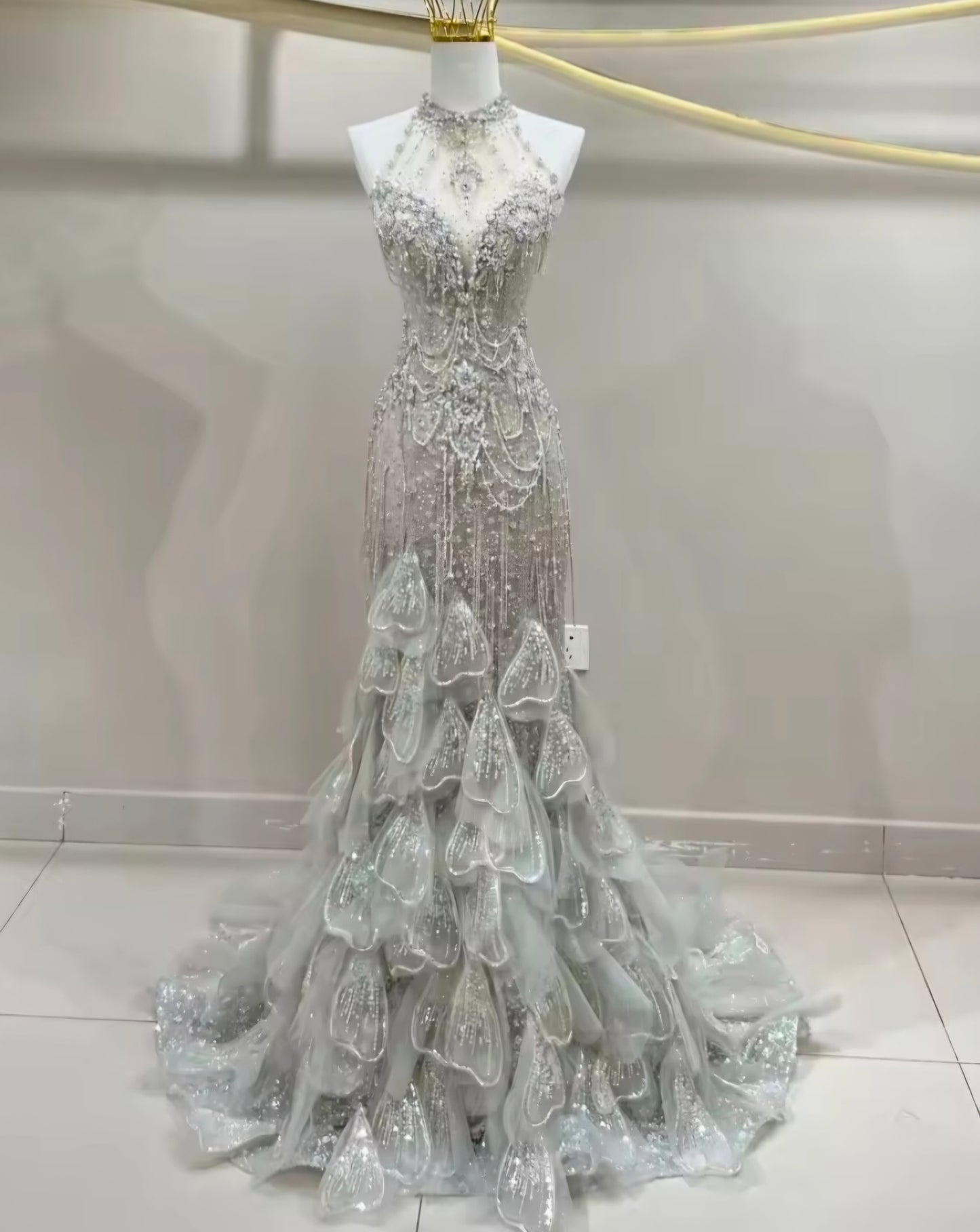 Multi Faceted Beaded Sequinned Halter 2026 Mermaid Gown With Layered Lower Skirt