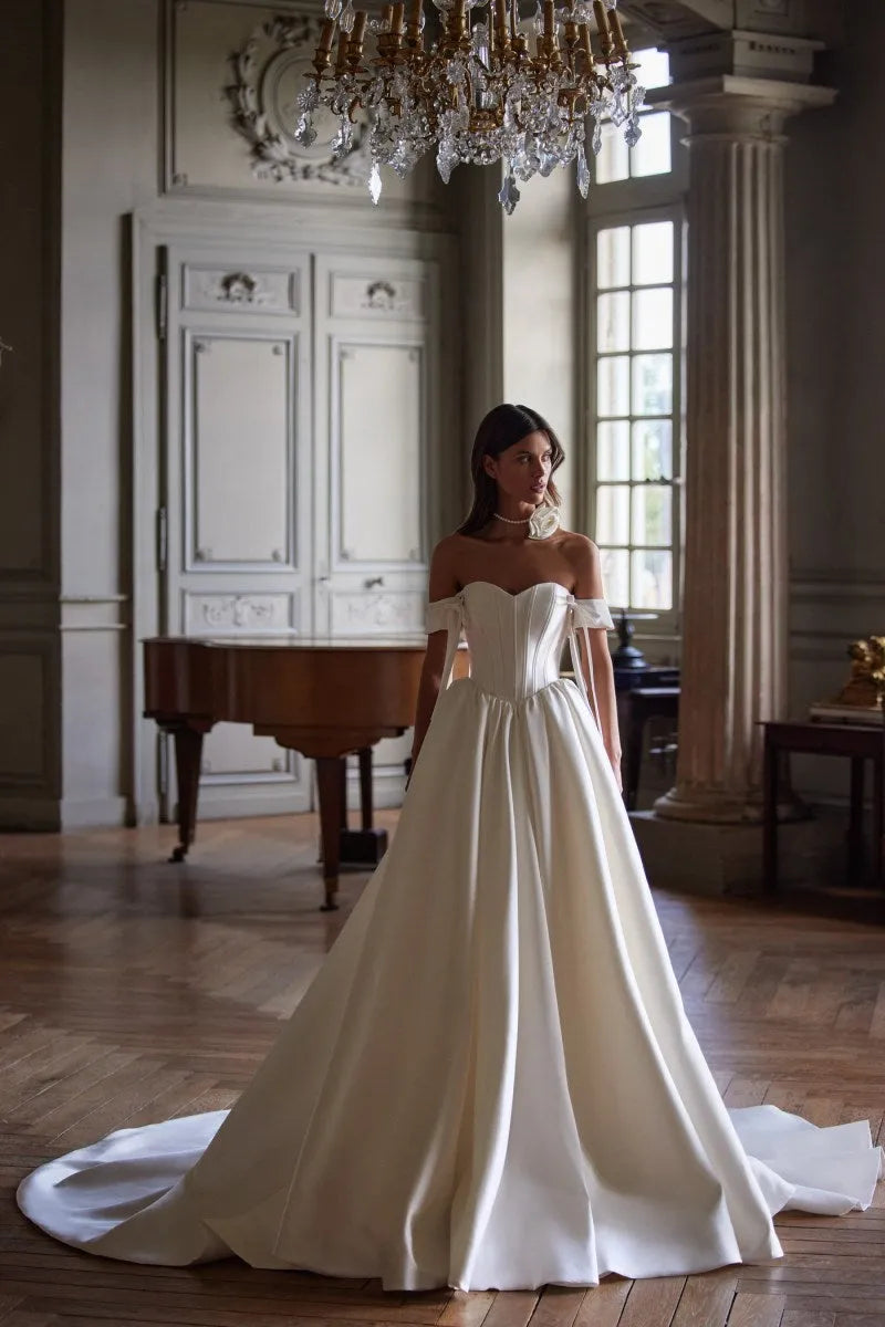 Sweet Flowing Off The Shoulder Bow Detail Pleated Corset Sweetheart Bridal Gown