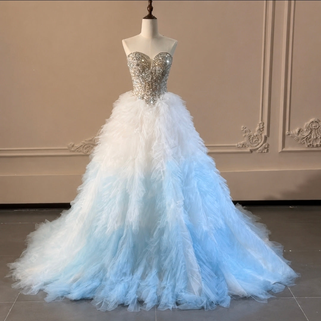 Strapless Multi Beaded Sweetheart Blue Ombre Multi Layered Gown With Lace Up Enclosure