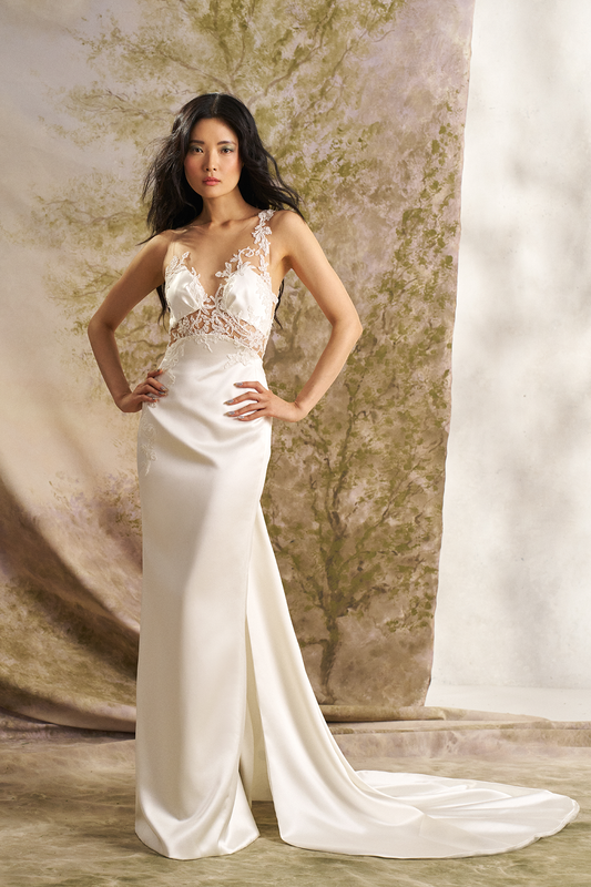 Asymmetrical Illusion Peek-A-Boo Sheath Bridal Gown With Signature Low Back And Detachable Train