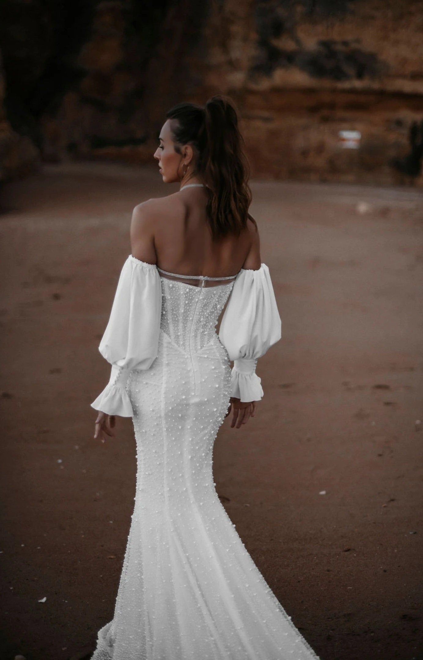 Detached Chiffon/Silk Chiffon 3/4 Pearl Beaded Bicep Sleeves