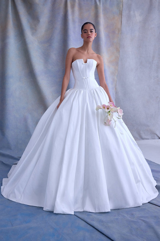 Mikado Drop Waisted Bridal Ball Gown With Strapless Notch Bodice Highlighted With Delicate Fabric Bow Detail