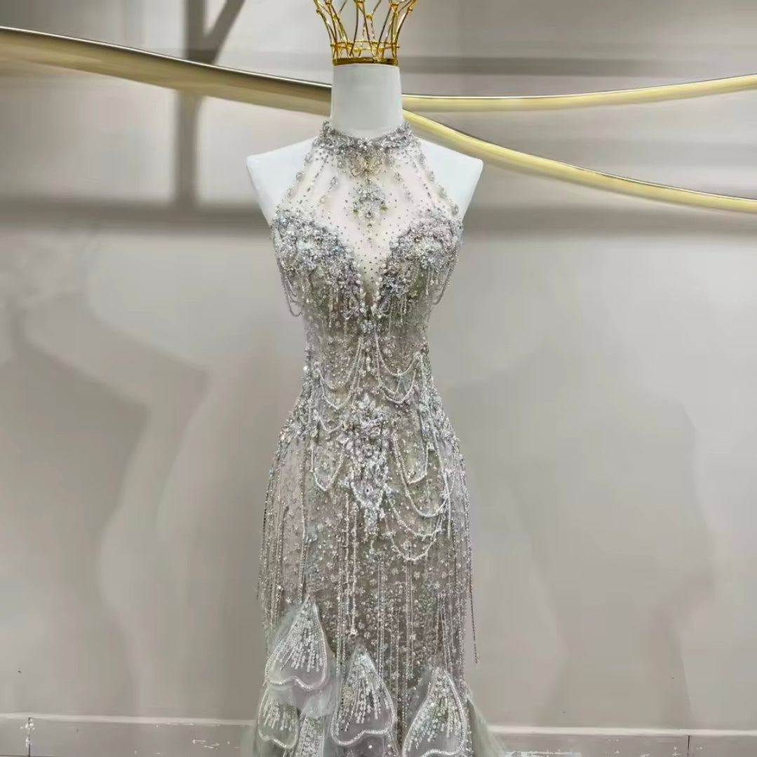 Multi Faceted Beaded Sequinned Halter 2026 Mermaid Gown With Layered Lower Skirt