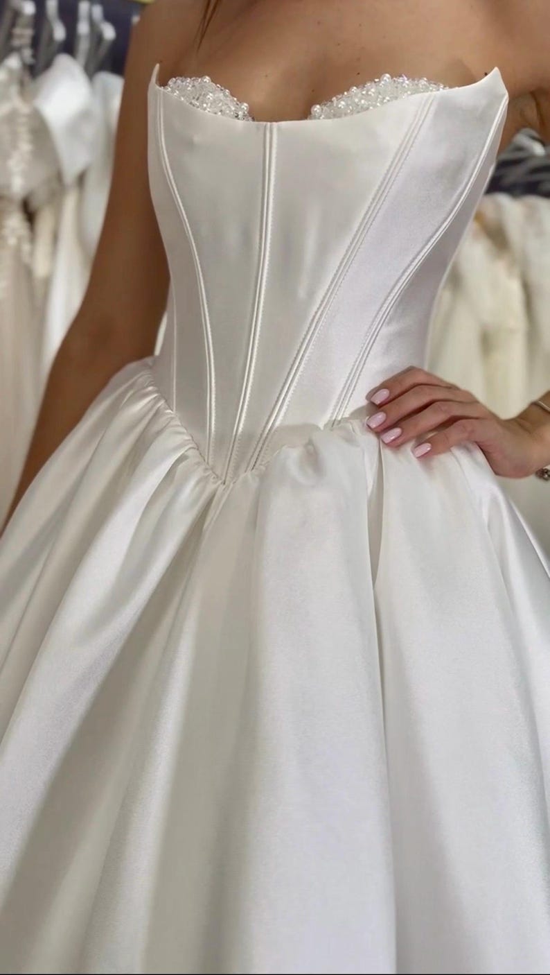 Crystal & Pearl Beaded Underlay Mikado Satin Sweetheart Scoop Neckline Strapless Bridal Ball Gown