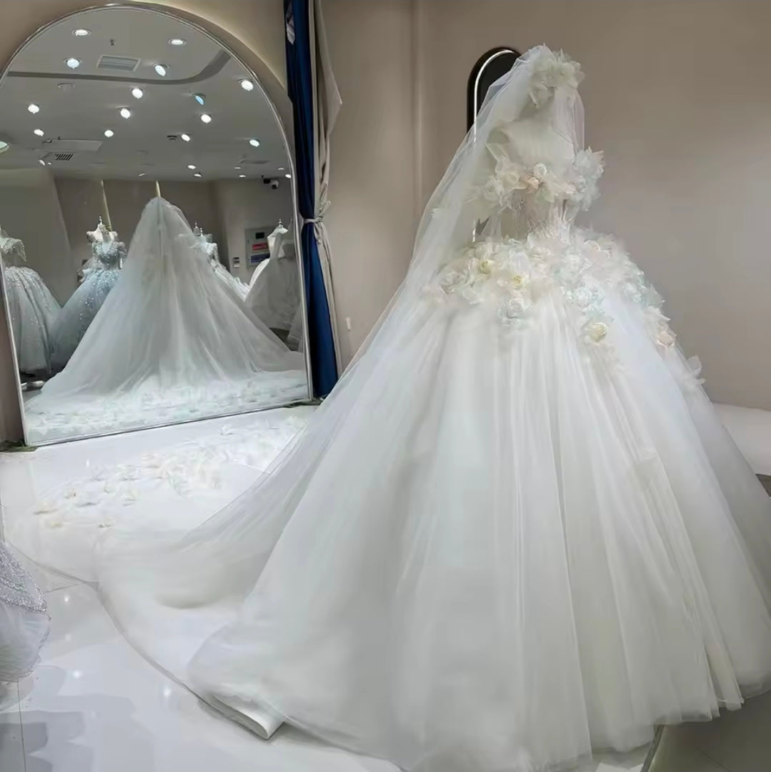 Elegant Ivory Touch Of Colour Floral Beauty Short Off The Shoulder Sweetheart Bridal Gown WITH Matching Veil