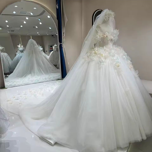 Elegant Ivory Touch Of Colour Floral Beauty Short Off The Shoulder Sweetheart Bridal Gown WITH Matching Veil