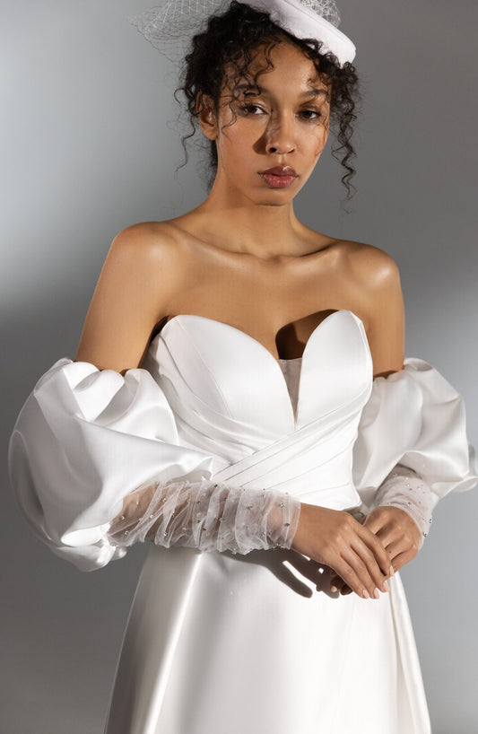 Detached Satin Bicep Balloon Sheer Embellished Rhinestone Sleeves