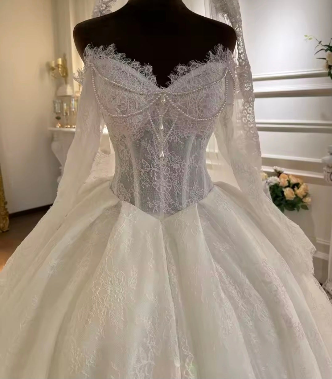 Full Lace Off The Shoulder Sweetheart Corset 2026 Bridal Wedding A-Line Gown With Beautiful Flare Sleeves