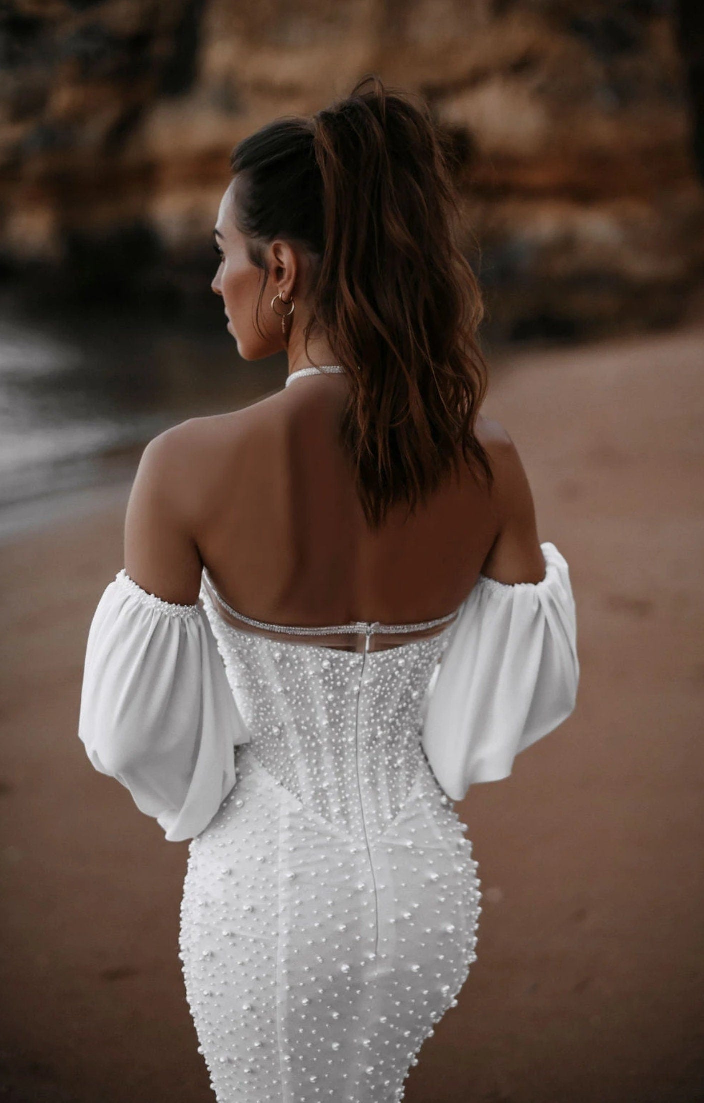 Detached Chiffon/Silk Chiffon 3/4 Pearl Beaded Bicep Sleeves