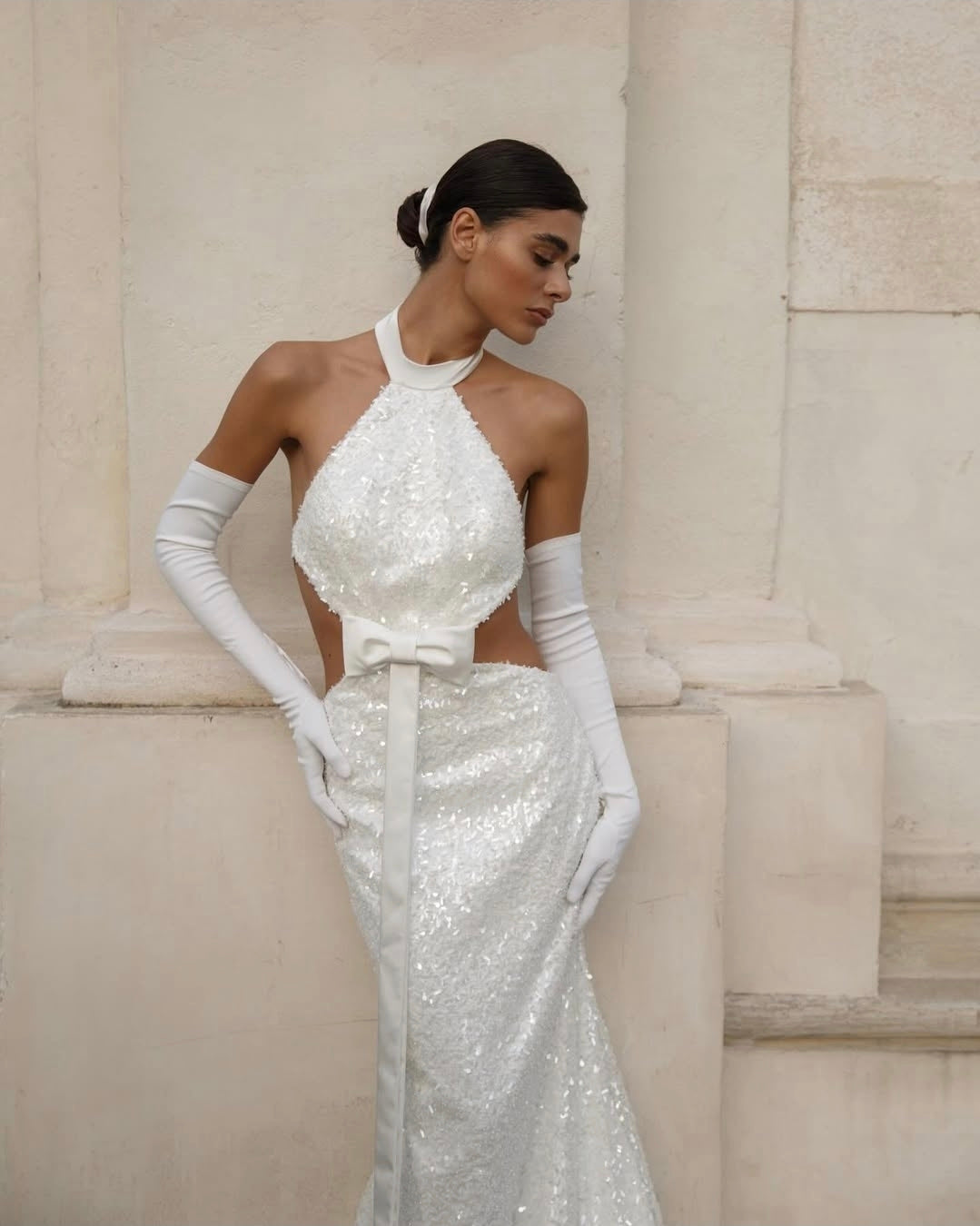 Stunning Sparkling Halter Neck, Illusion Side Cut Out With Front And Back Bowknot Detail Bridal Gown