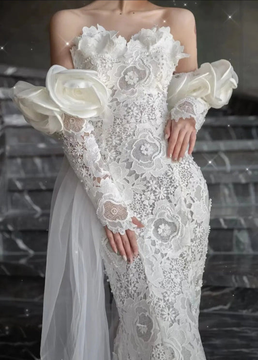 Detached 3D Flora Lace Bold Rose Detail Bicep Sleeves