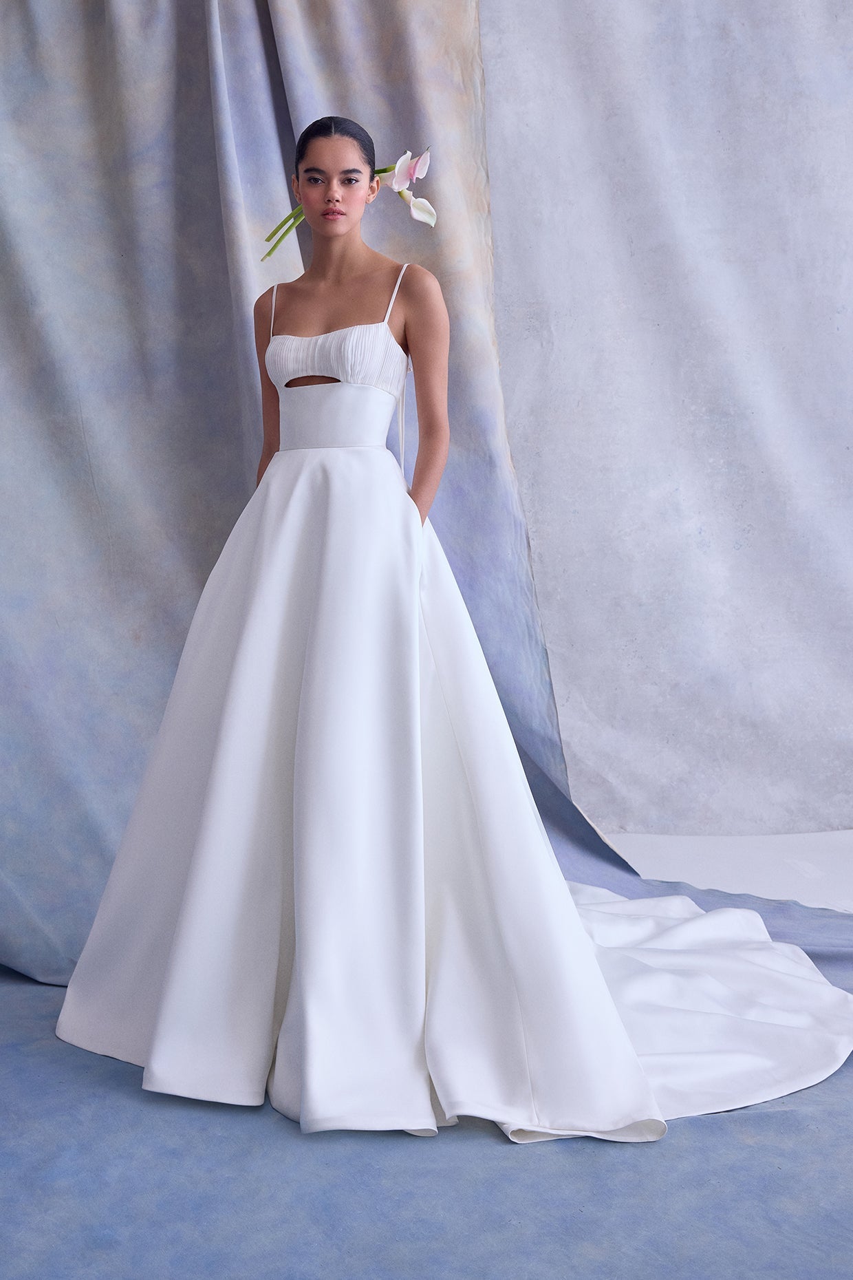 Mikado A-line With Pleated Satin Faced Chiffon Scoop Neck Bodice Bridal Gown With Delicate Bow Details On The Back With Detached Scarf