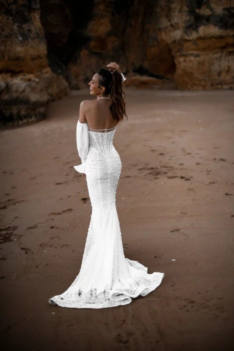 Detached Chiffon/Silk Chiffon 3/4 Pearl Beaded Bicep Sleeves