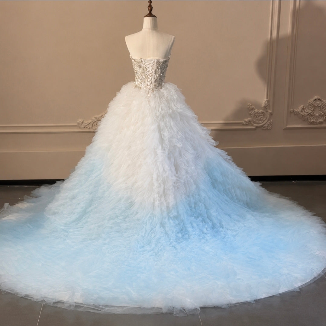 Strapless Multi Beaded Sweetheart Blue Ombre Multi Layered Gown With Lace Up Enclosure