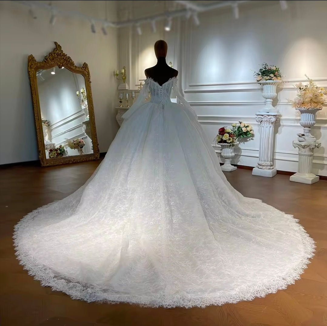 Full Lace Off The Shoulder Sweetheart Corset 2026 Bridal Wedding A-Line Gown With Beautiful Flare Sleeves
