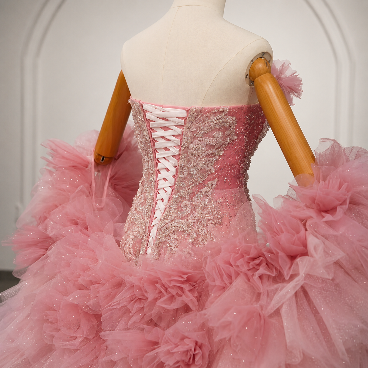 Rose Quartz Multi Beaded Strapless Sweetheart Mermaid Formal, Quinceañera, Sweet 16 Gown With Cape