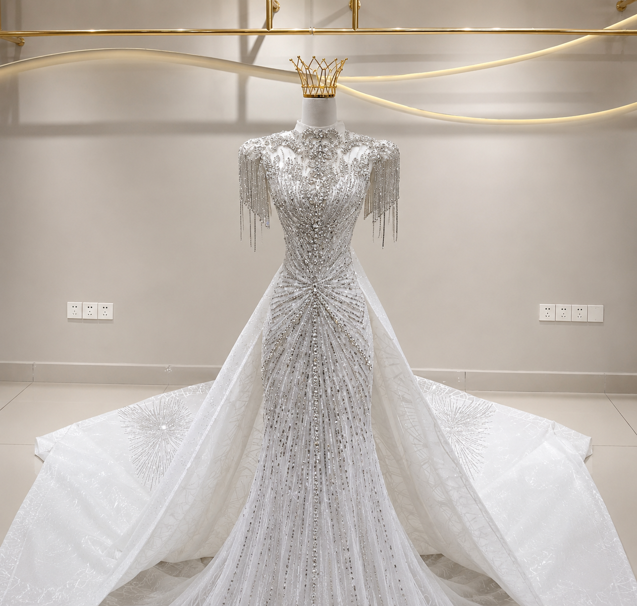 2026 2/1 Multi Beaded Draped Cap Sleeve Trumpet Gown With Detachable Train