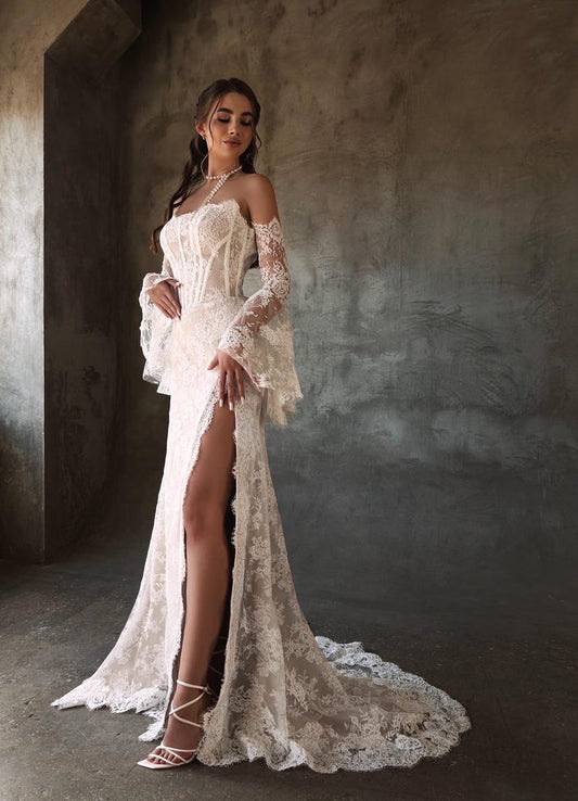 Breathtaking Scattered Floral Lace Corset Inspired Boho Themed Trumpet Bridal Gown With Matching Detached Flare Sleeves