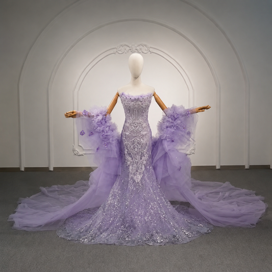 Beautiful Purple Strapless Multi Beaded 2026 Floral Scoop Neck Mermaid Formal, Quinceañera,Party, Special Occasion Gown With Matching Cape