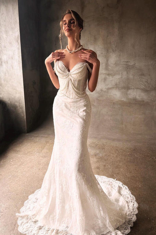 Pearl Beaded Spaghetti Strap Off The Shoulder Sweetheart Scattered Floral Lace Trumpet Bridal Gown With Draping Pearl Beading Detail