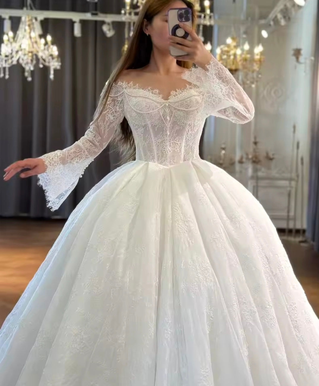 Full Lace Off The Shoulder Sweetheart Corset 2026 Bridal Wedding A-Line Gown With Beautiful Flare Sleeves
