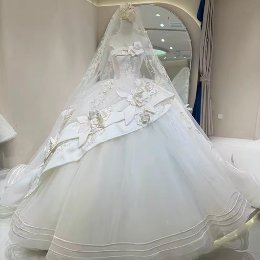 Sweeping And Sweet Bold Floral Detail Ivory Strapless Boat Neck Bridal A-Line Gown