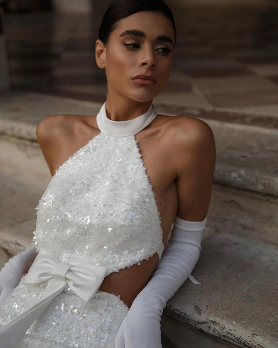 Stunning Sparkling Halter Neck, Illusion Side Cut Out With Front And Back Bowknot Detail Bridal Gown