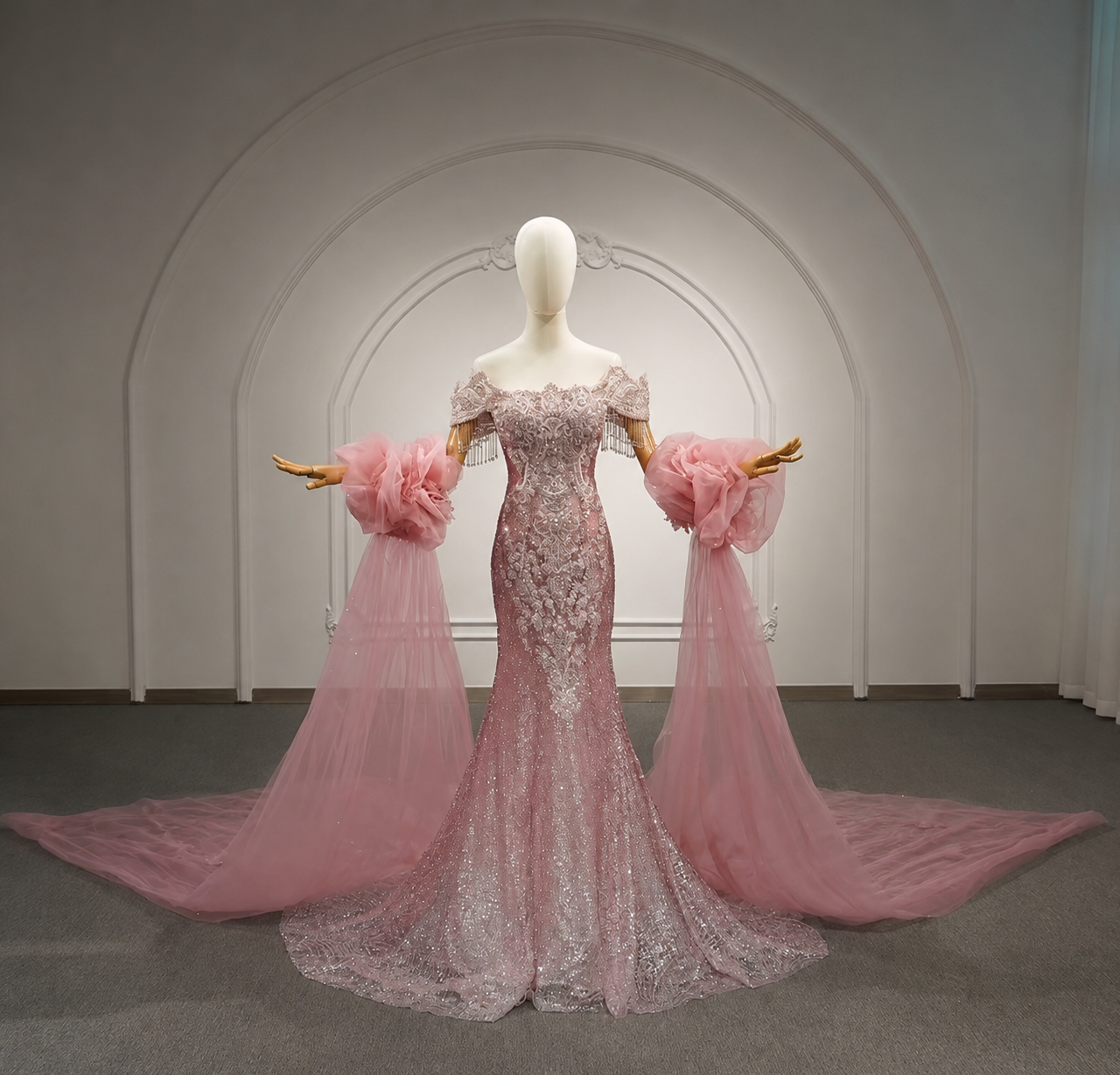 Elegantly Multi Beaded Cap Sleeve Pink Mermaid Quinceañera, Special Occasion, Formal 2026 Gown With Matching Detached Puff Floral Scattered Train Sleeves